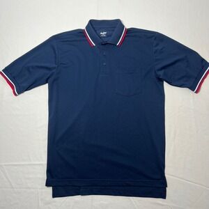 Rawlings Mens Polo Shirt Navy Blue Short Sleeve Striped Trim Chest Pocket Size M
